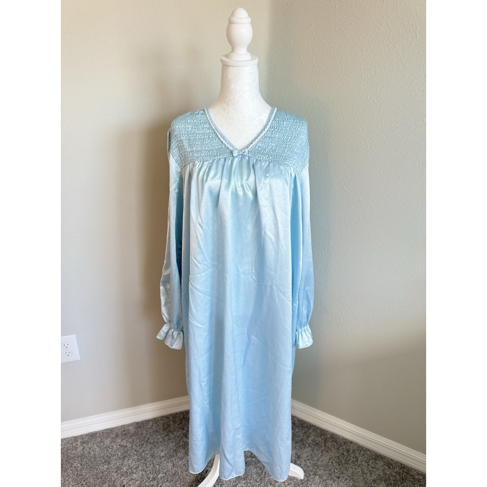 Vintage 90's Delicates Blue Satin Smocked Yoke Nightgown M